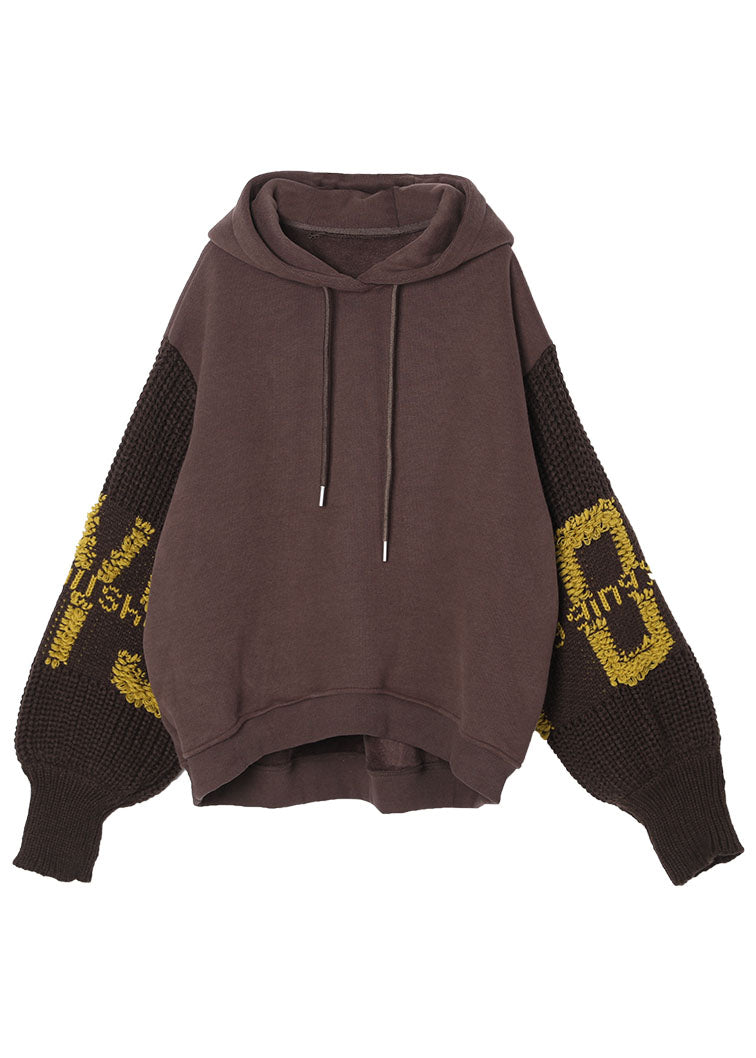 Brown Hooded Knit Patchwork Warm Fleece Sweatshirts Tracksuits Winter