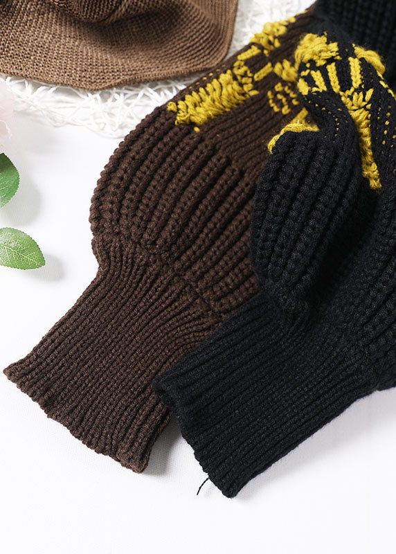 Brown Hooded Knit Patchwork Warm Fleece Sweatshirts Tracksuits Winter