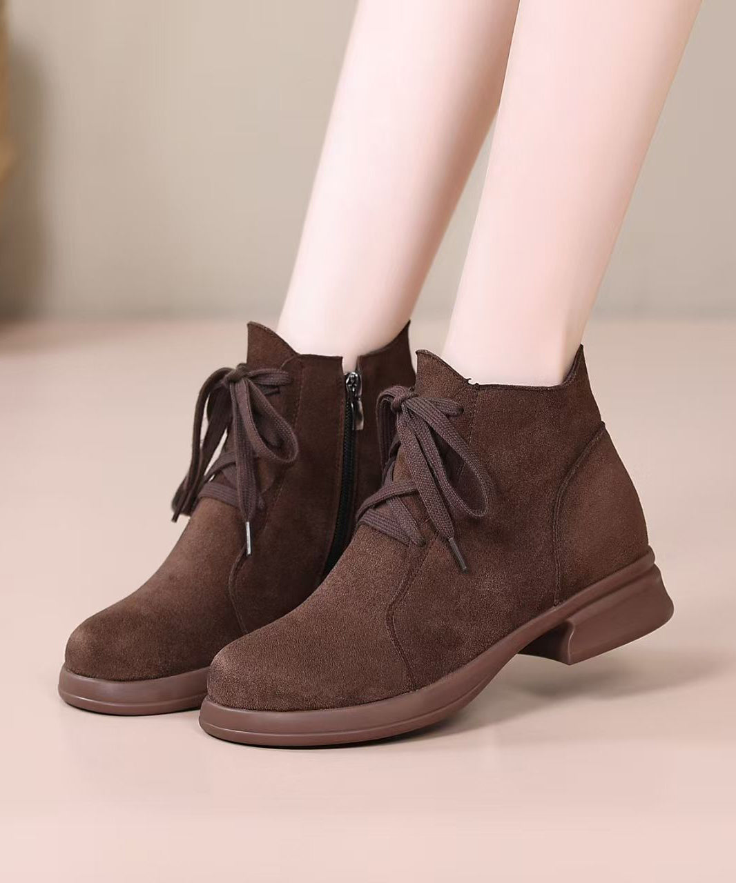 Brown Lace Up Chunky Suede Splicing Boots