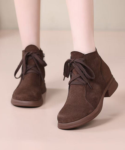 Brown Lace Up Chunky Suede Splicing Boots