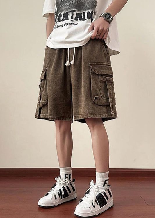 Brown Lace Up Denim Summer Shorts Elastic Waist