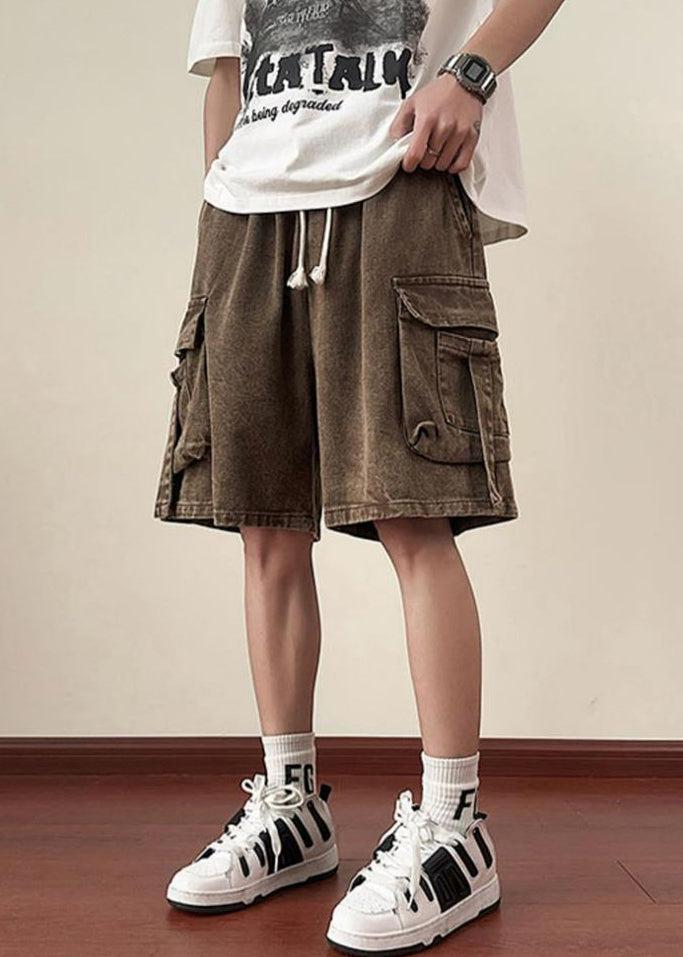 Brown Lace Up Denim Summer Shorts Elastic Waist