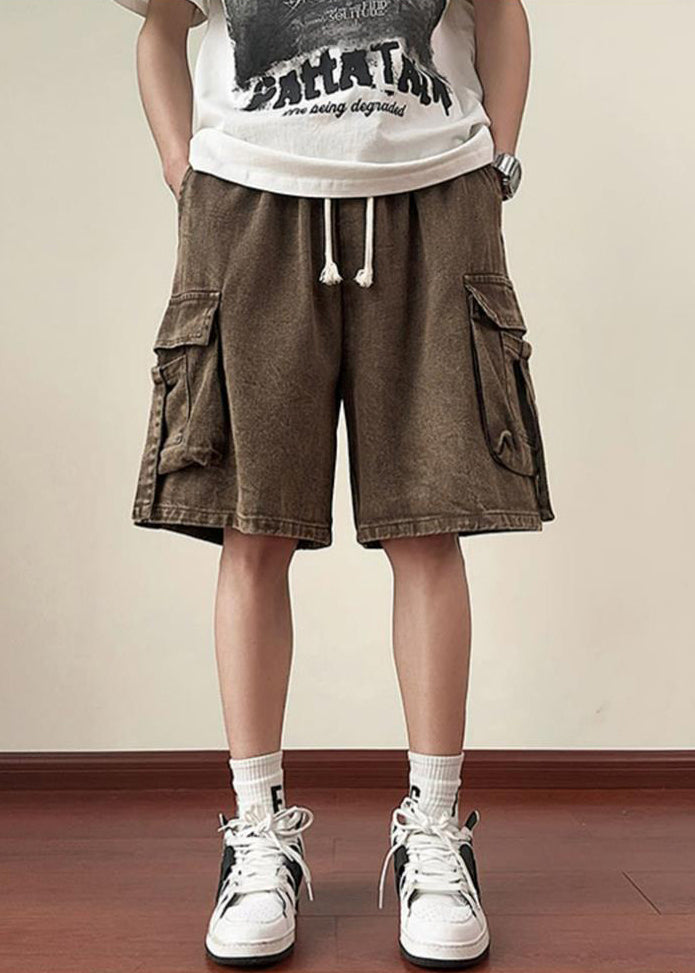 Brown Lace Up Denim Summer Shorts Elastic Waist