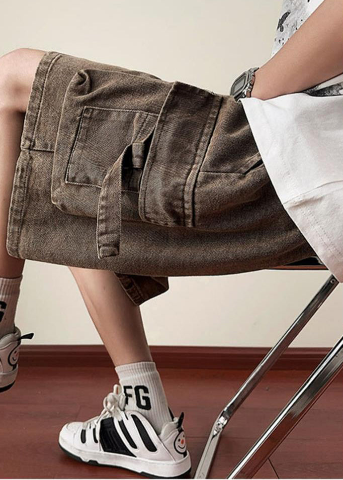 Brown Lace Up Denim Summer Shorts Elastic Waist