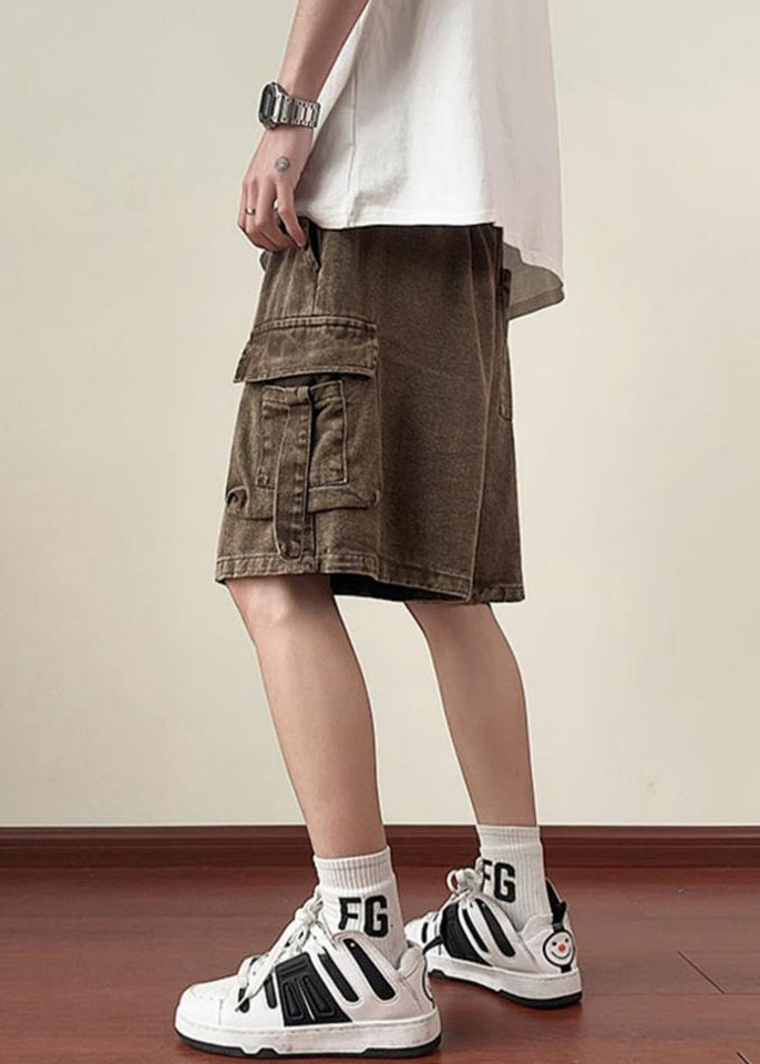 Brown Lace Up Denim Summer Shorts Elastic Waist
