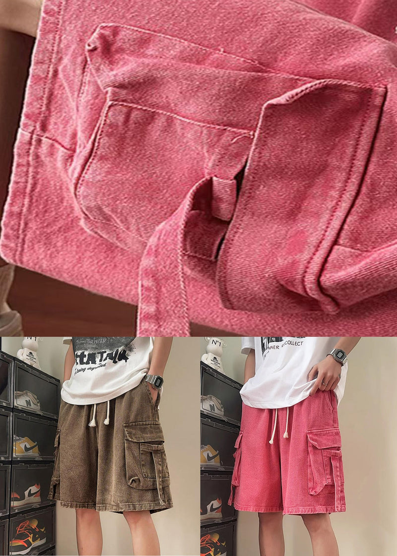 Brown Lace Up Denim Summer Shorts Elastic Waist
