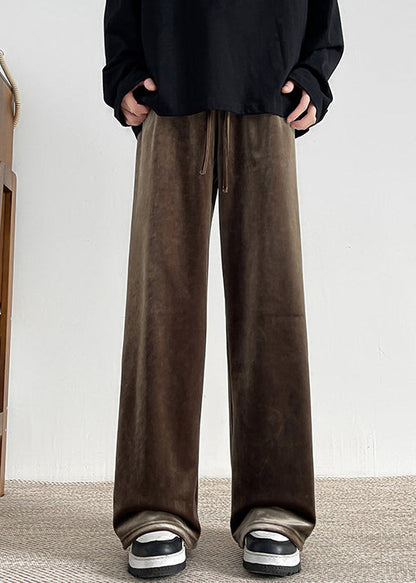 Brown Lace Up Velour Wide Leg Pants Elastic Waist Spring
