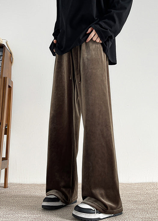 Brown Lace Up Velour Wide Leg Pants Elastic Waist Spring