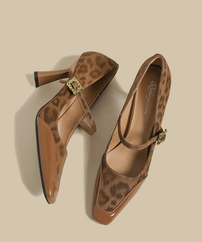 Brown Leopard Buckle Strap Splicing Stiletto High Heels