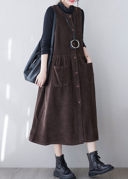 Brown Patchwork Corduroy Long Dress O-neck Pockets Sleeveless