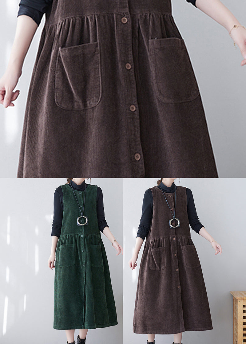 Brown Patchwork Corduroy Long Dress O-neck Pockets Sleeveless