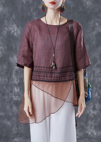 Brown Patchwork Linen Shirts Asymmetrical Embroideried Summer