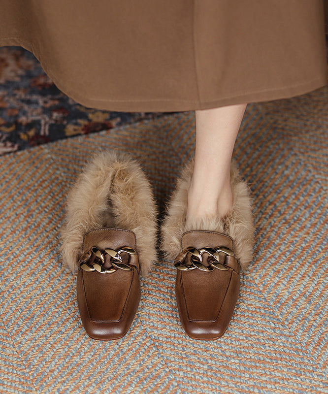 Brown Penny Loafers Cowhide Leather Splicing Fuzzy Wool Lined