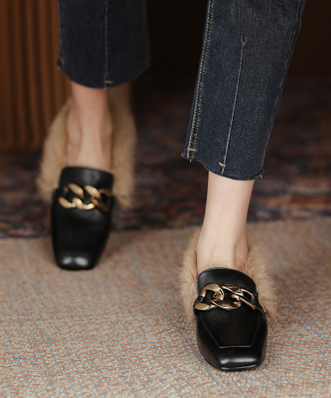 Brown Penny Loafers Cowhide Leather Splicing Fuzzy Wool Lined