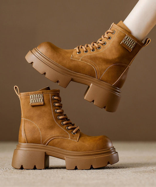 Brown Platform Cowhide Leather Splicing Boots Lace Up
