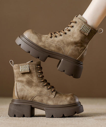 Brown Platform Cowhide Leather Splicing Boots Lace Up