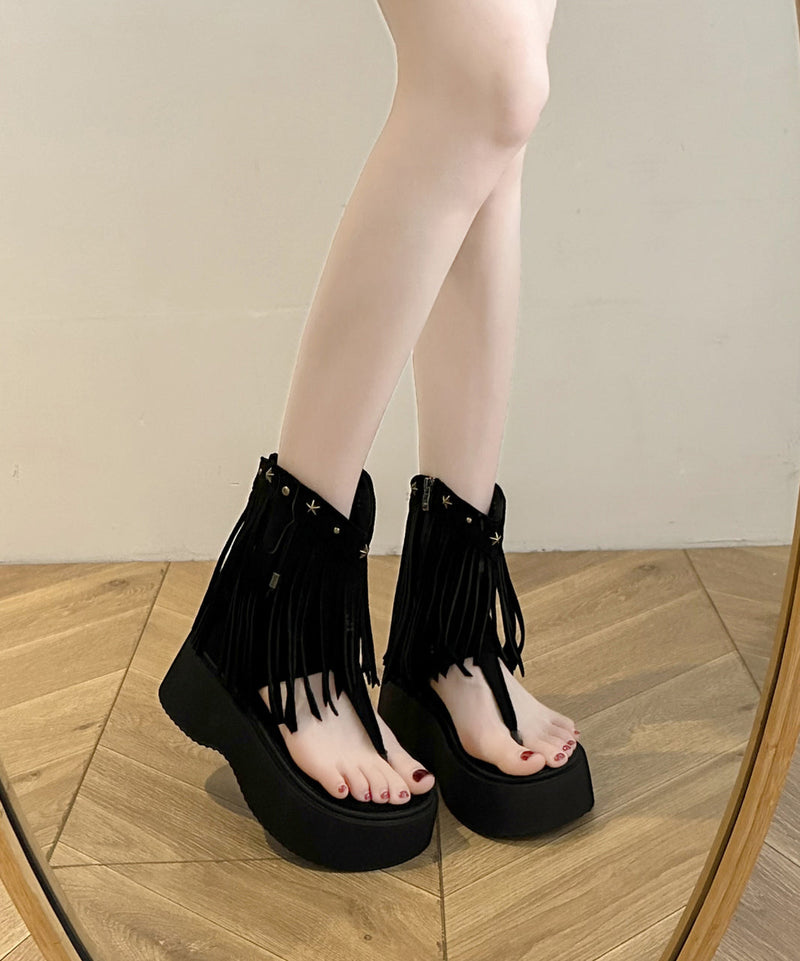 Brown Platform Rivet Tassel Roman Thong Sandals for