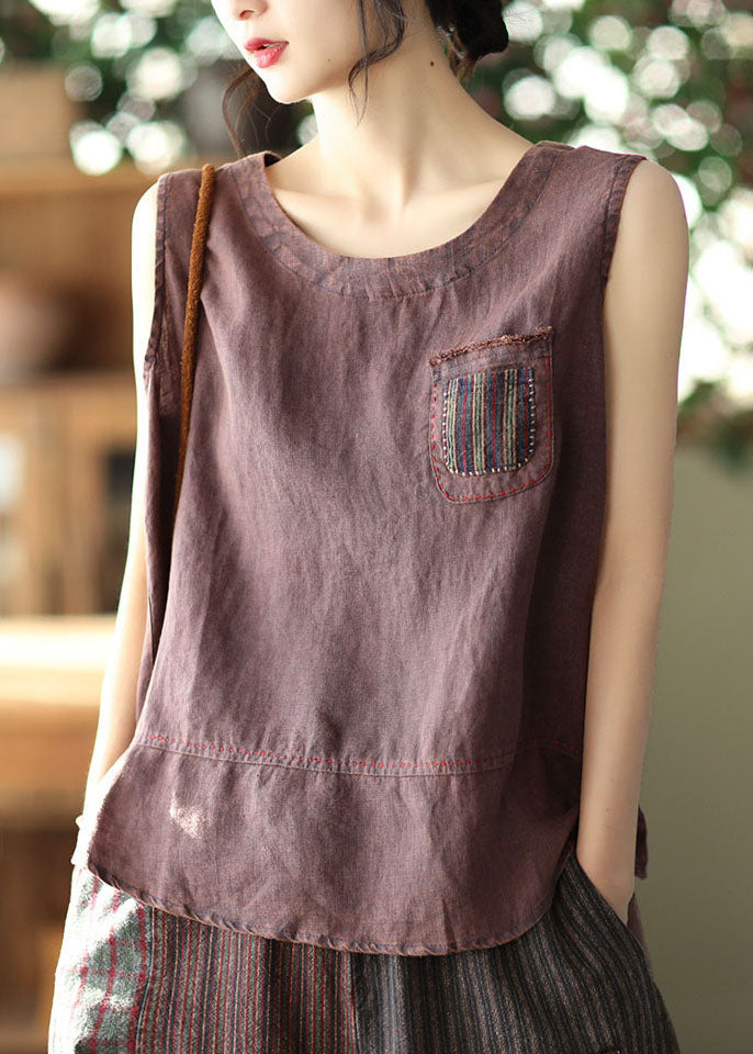 Brown Pocket Patchwork Linen Tanks O-neck Sleeveless