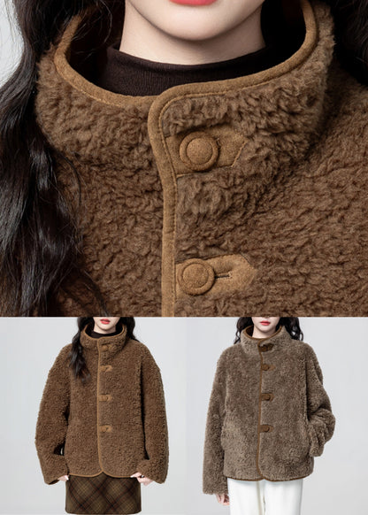 Brown Pockets Wear on Both Sides Fluffy Faux Suede Coats Stand Collar