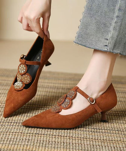 Brown Pointed Toe Suede Splicing High Heels