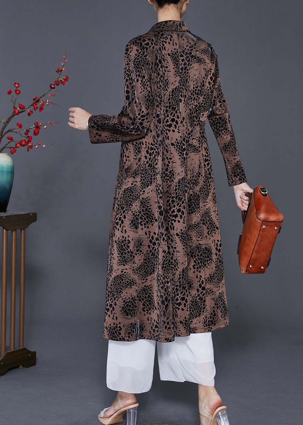 Brown Print Cotton a Line Dress Peter Pan Collar Spring