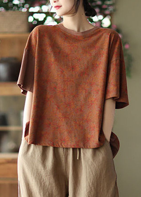 Brown Print Cotton Tanks O-neck Asymmetrical Batwing Sleeve