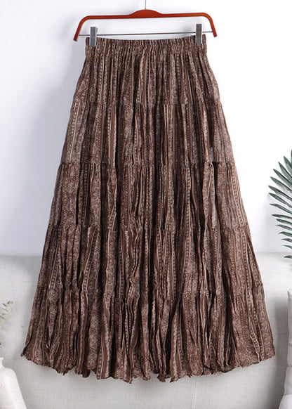 Brown Print Higt Waist a Line Skirt Fall