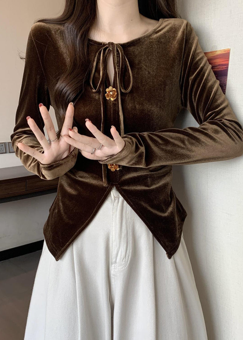 Brown Silm Fit Silk Velour Blouse Tops Side Open Lace Up Fall