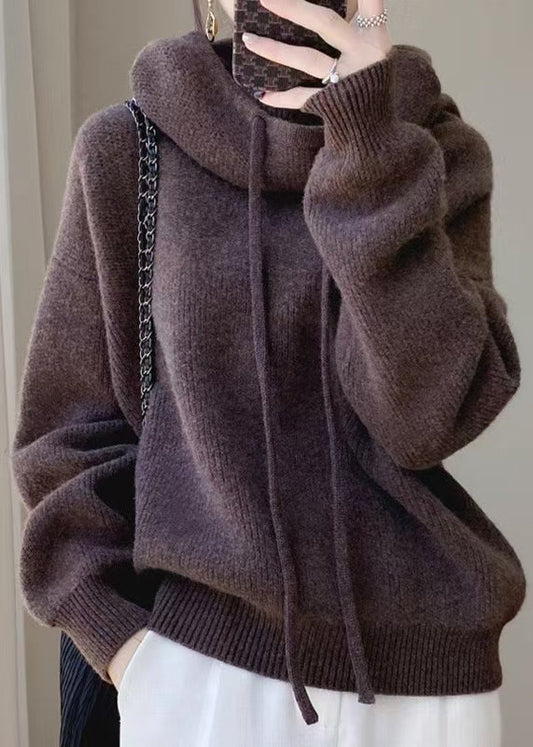 Brown Cozy Wool Knit Sweater Hooded Spring