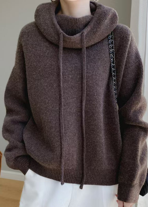 Brown Cozy Wool Knit Sweater Hooded Spring