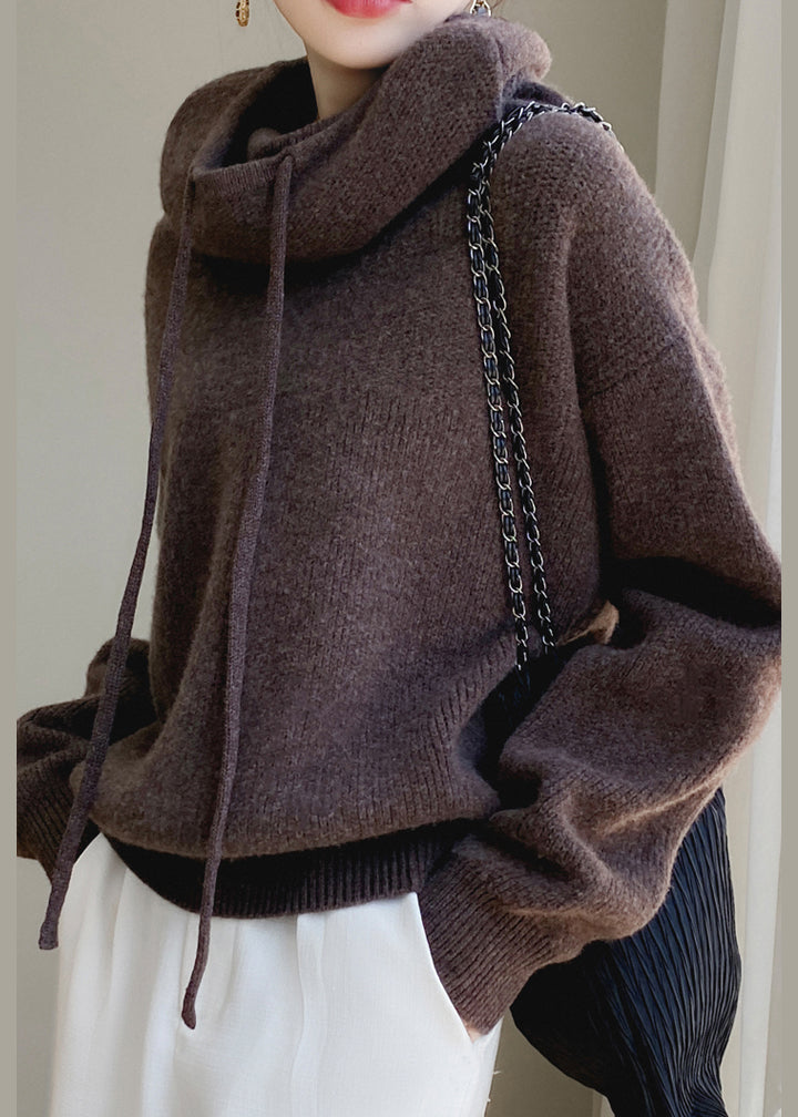 Brown Cozy Wool Knit Sweater Hooded Spring