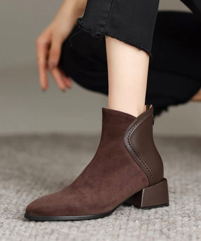Brown Splicing Chunky Suede Boots
