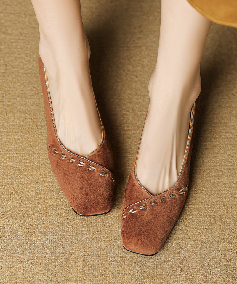 Brown Splicing Suede Chunky Shoes Square Toe