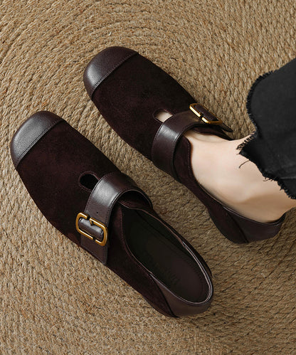 Brown Suede Buckle Strap Splicing Chunky Loafers for