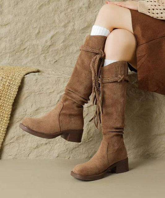 Brown Suede Tassel Wrinkled Splicing Boots