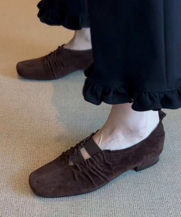 Brown Suede Wrinkled Splicing Flat Shoes for