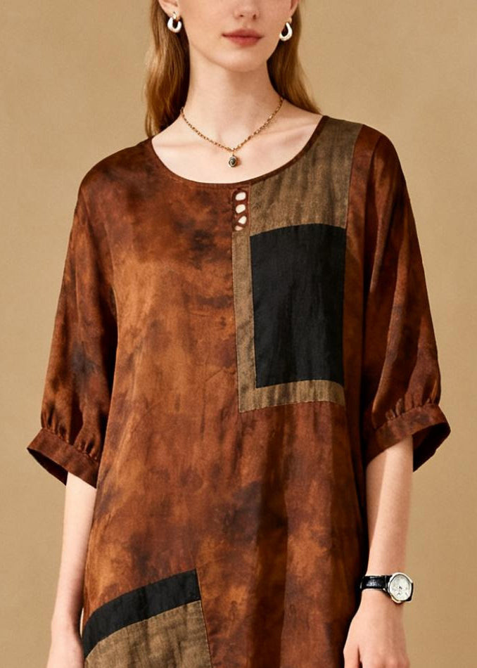 Brown Tie Dye Cotton Long Dress Hollow Out Summer