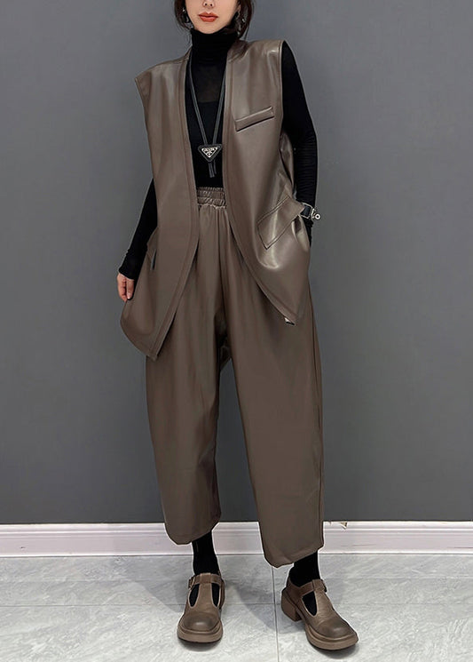 Brown V Neck Faux Leather Waistcoat and Straight Pants Two Pieces Set Fall