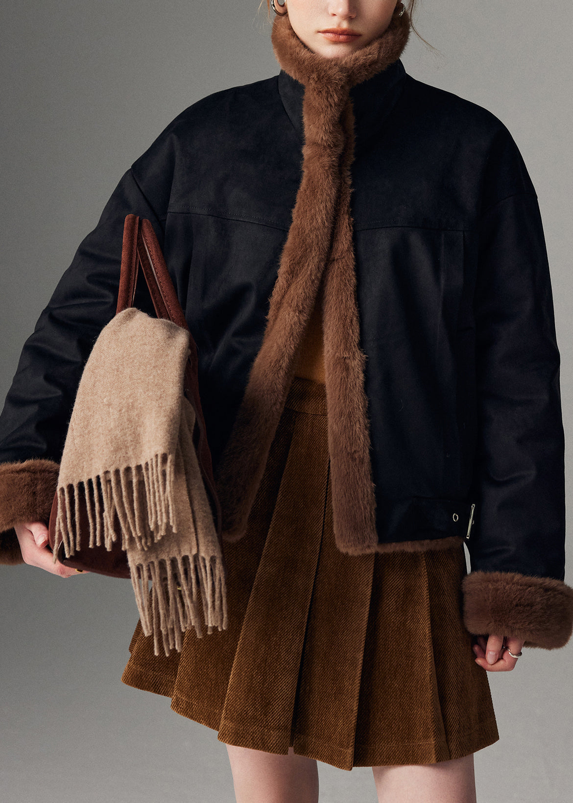 Brown Wear on Both Sides Pockets Faux Suede Coats Stand Collar