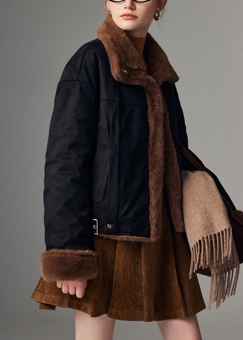 Brown Wear on Both Sides Pockets Faux Suede Coats Stand Collar