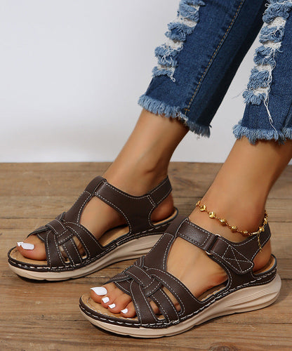 Brown Wedge Faux Leather Splicing Sandals Peep Toe