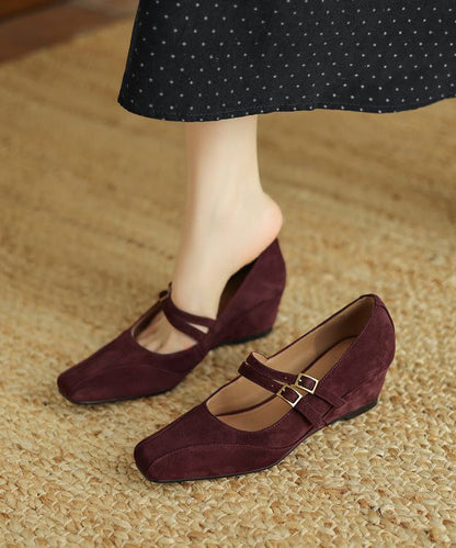 Brown Wedge Heels Shoes Suede New Splicing Buckle Strap