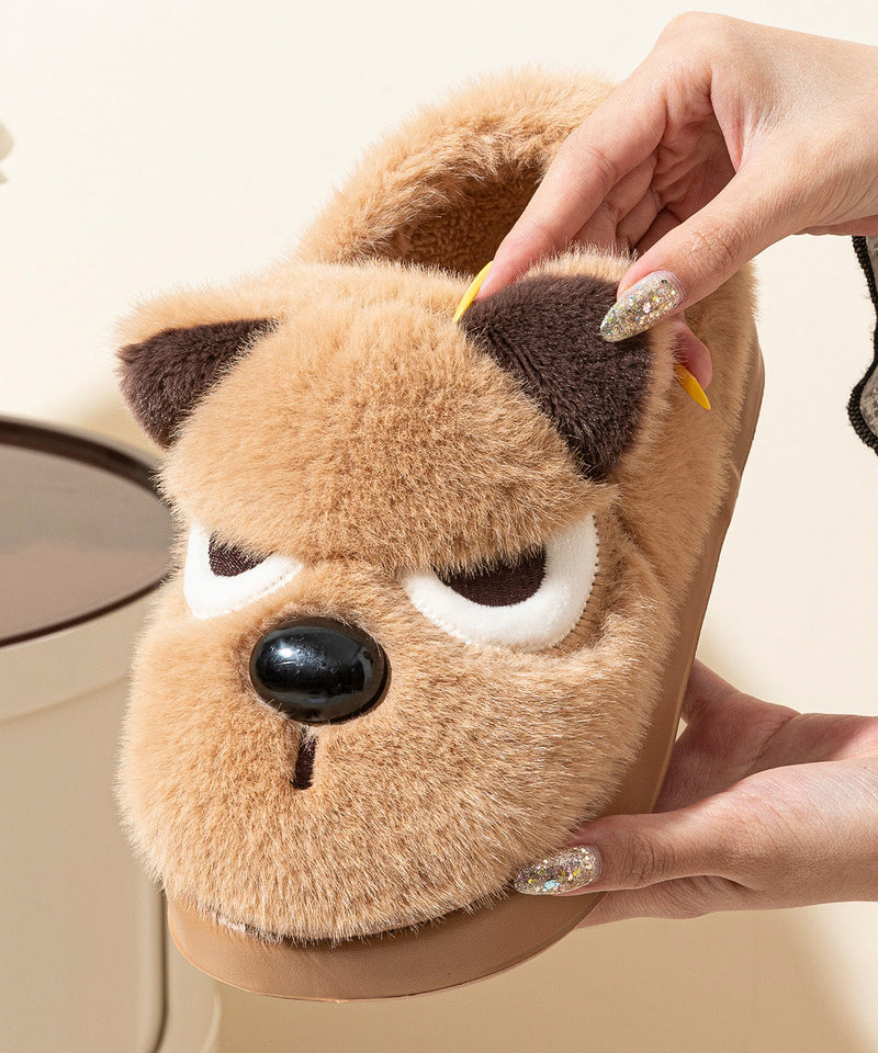 Brown Splicing Cartoon Fuzzy Fur Flat Feet Shoes
