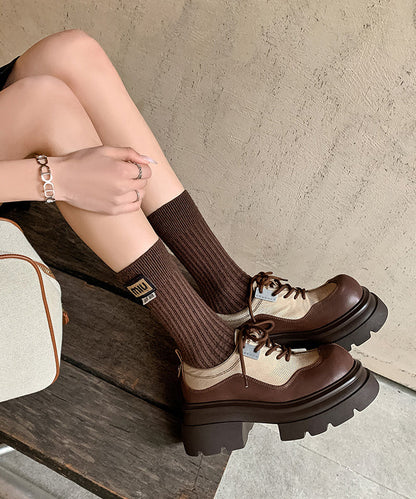 Brown Splicing Platform Loafers for Lace Up
