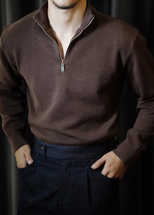 Brown Zip Up Thick Knit Short Sweater Stand Collar