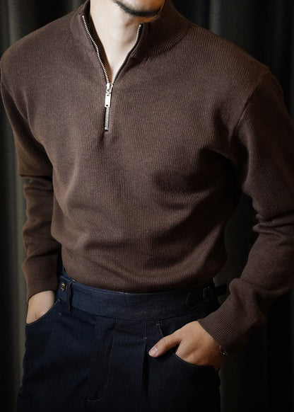 Brown Zip Up Thick Knit Short Sweater Stand Collar