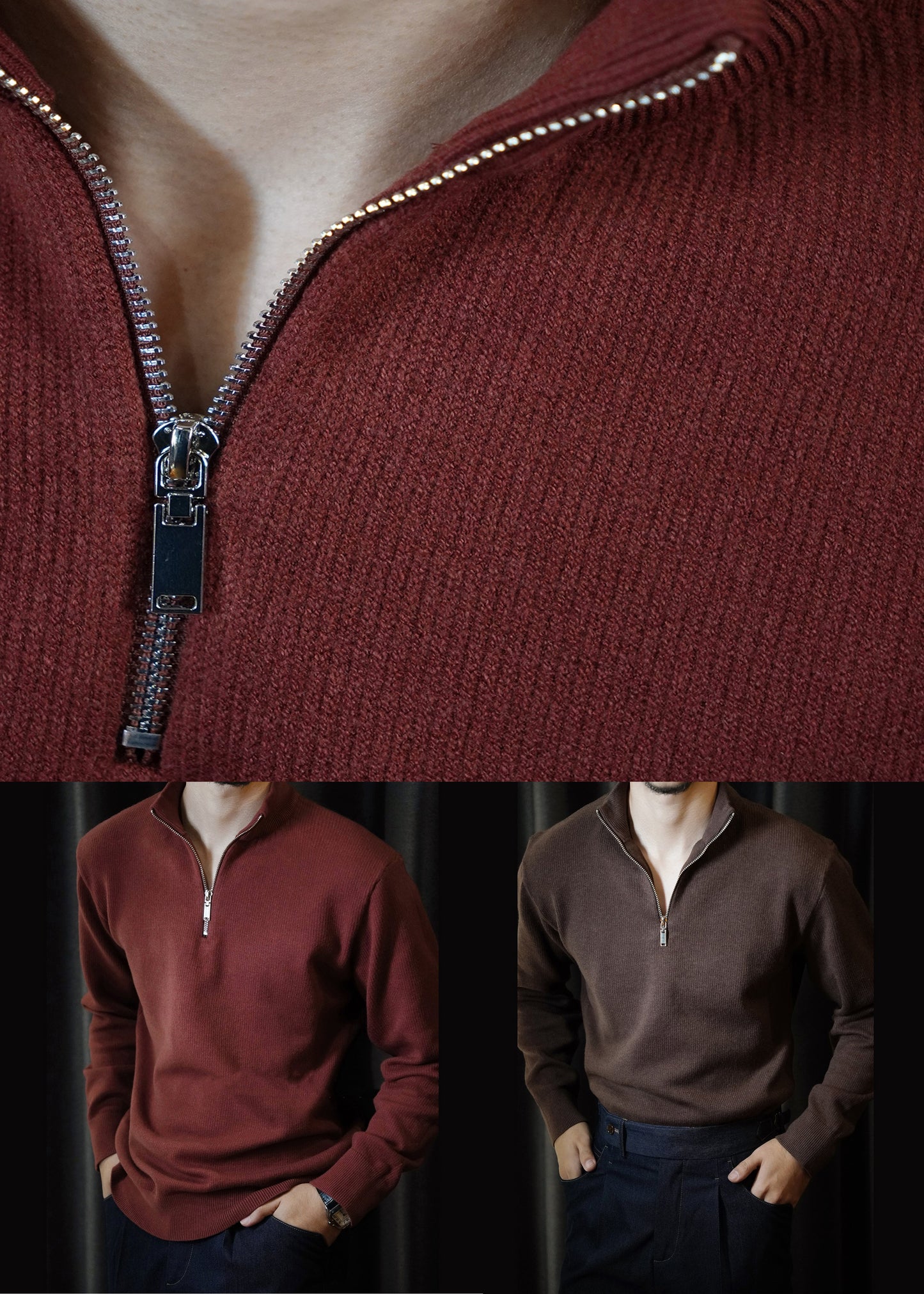 Brown Zip Up Thick Knit Short Sweater Stand Collar