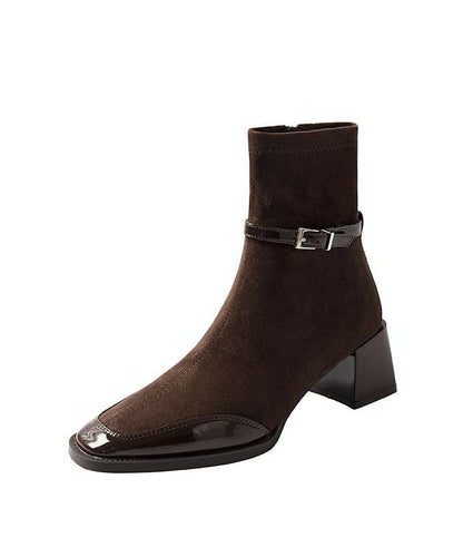 Brown Zippered Chunky Suede Splicing Boots