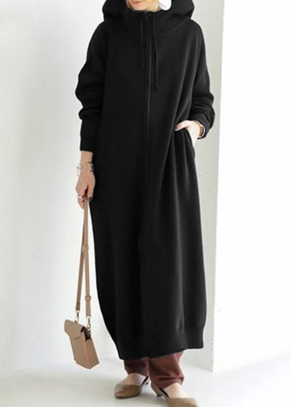 Brown Zippered Pockets Warm Fleece Long Coat Hooded