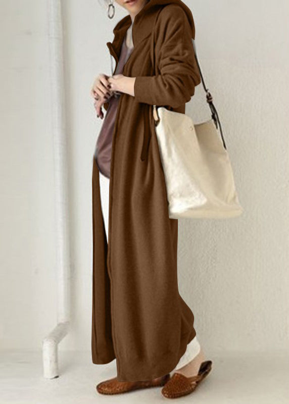 Brown Zippered Pockets Warm Fleece Long Coat Hooded